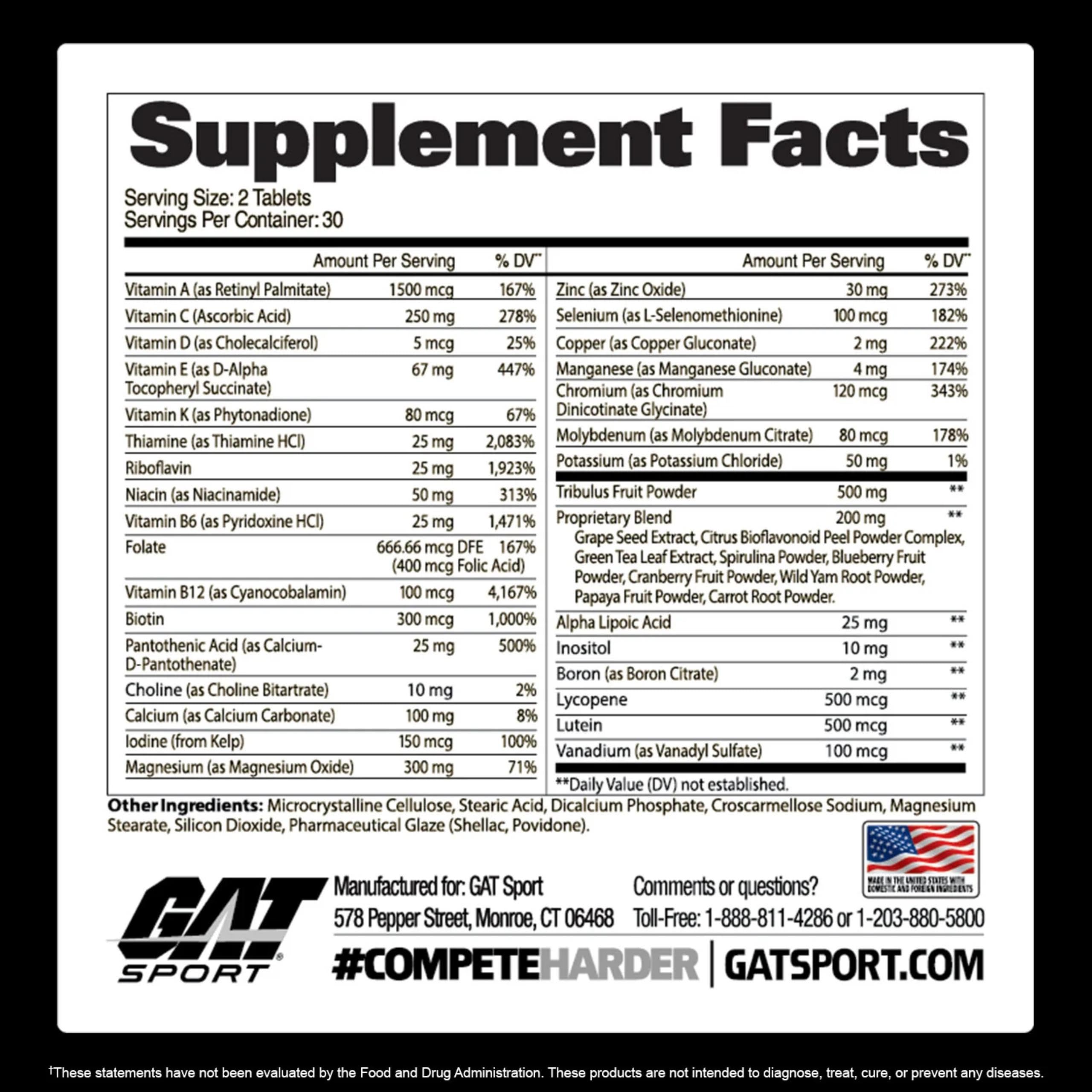 GAT SPORT Men's Multi + Test bottle back highlights boron and tribulus for possible testosterone support.