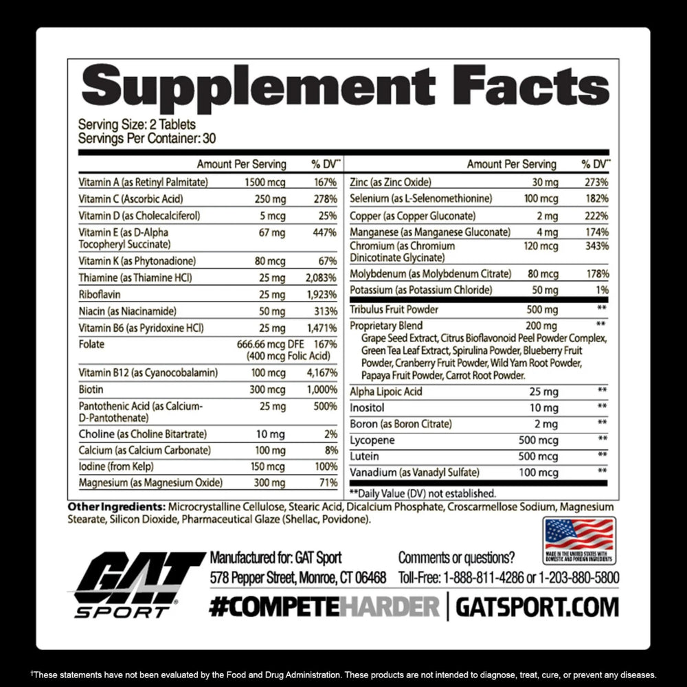 GAT SPORT Men's Multi + Test bottle back highlights boron and tribulus for possible testosterone support.