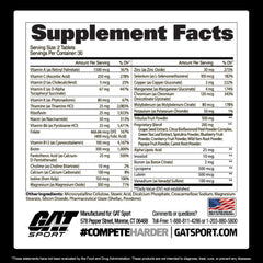 GAT SPORT Men's Multi + Test bottle back highlights boron and tribulus for possible testosterone support.