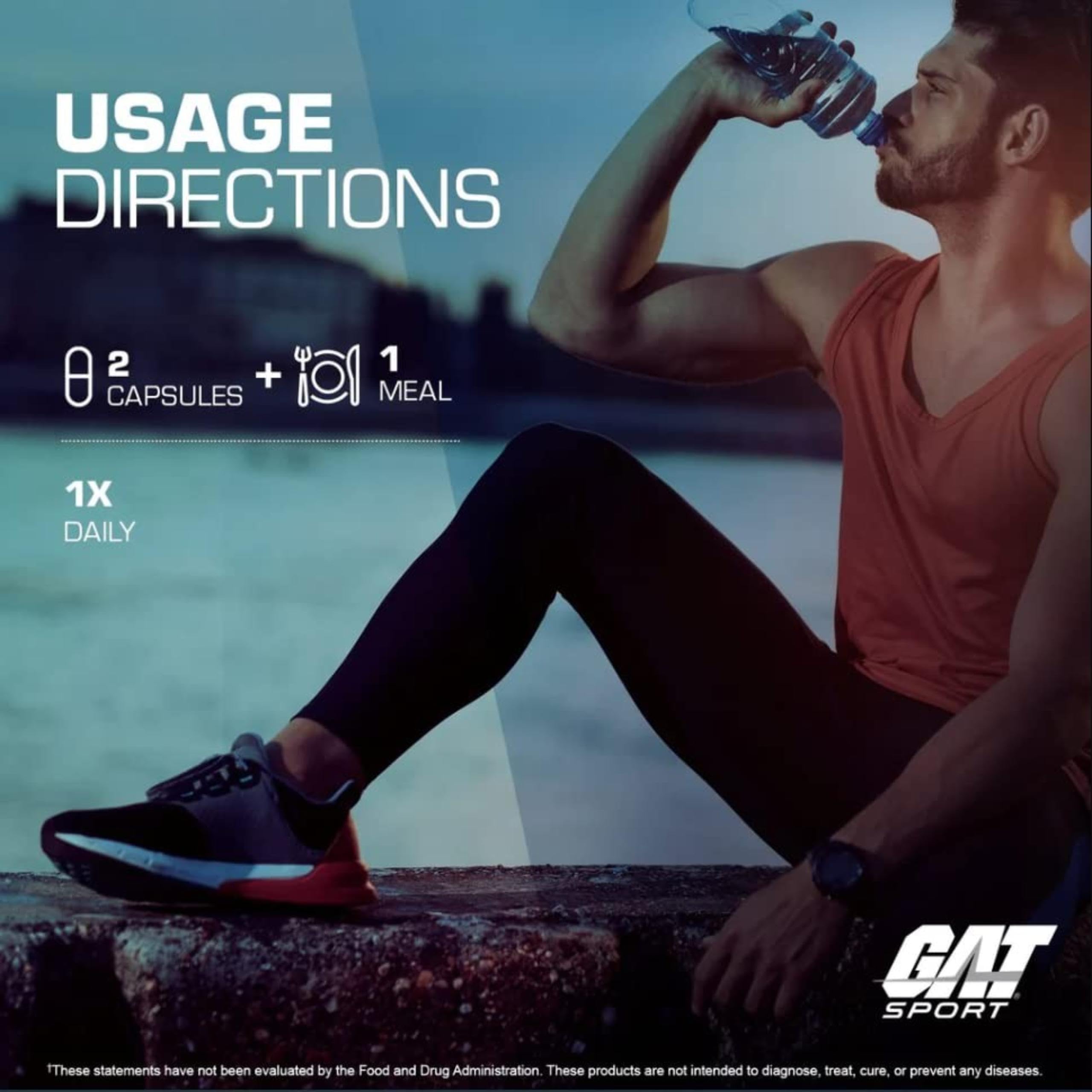 GAT SPORT scoop-in-bottle illustrates convenient daily dosing and measured servings.