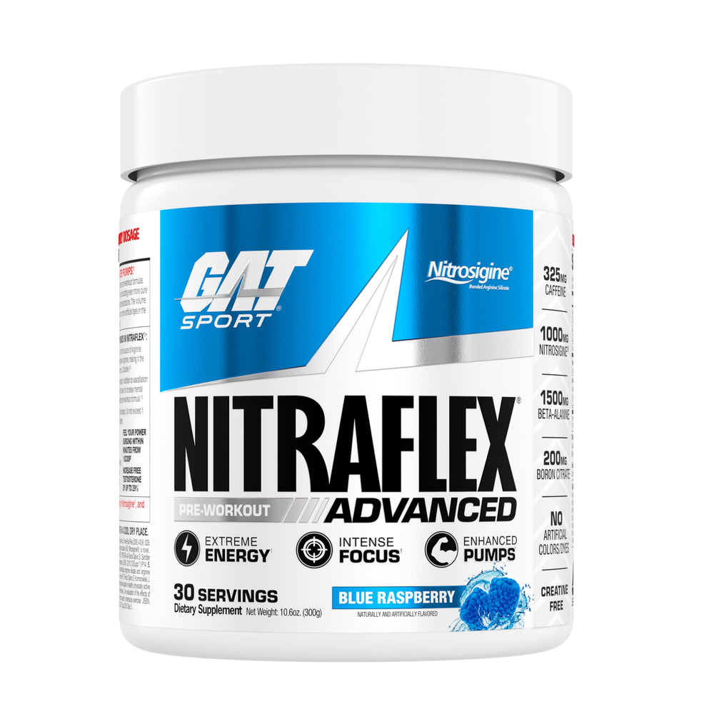 GAT SPORT Nitraflex blue raspberry tub for intense workouts and pumps.
