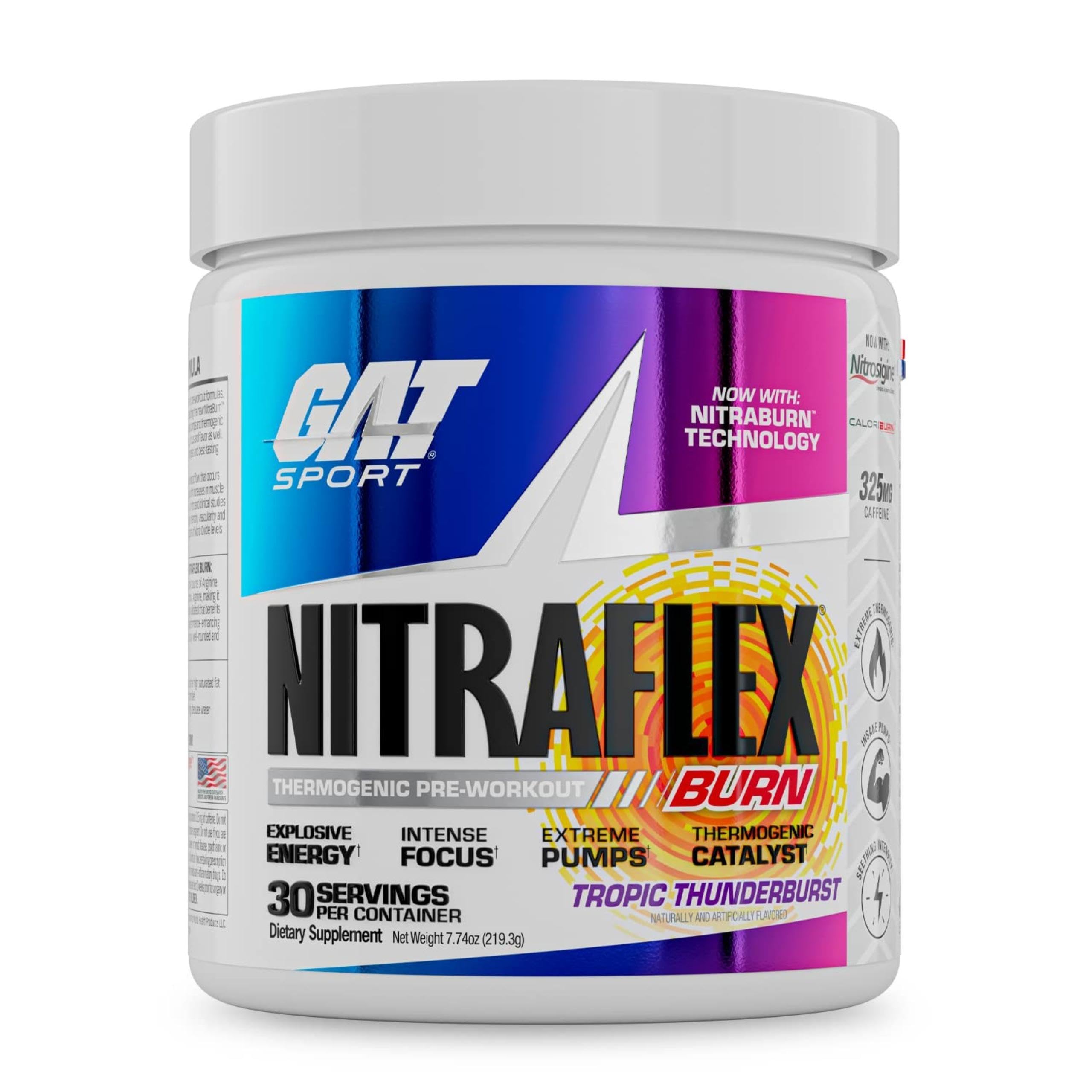 GAT SPORT Nitraflex Burn canister close-up with clean formula and no artificial colors.