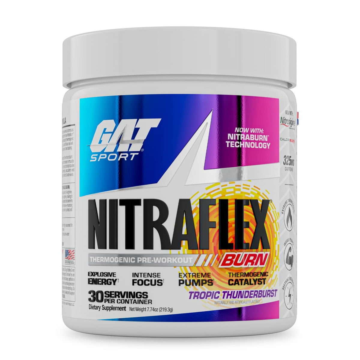GAT SPORT Nitraflex Burn canister close-up with clean formula and no artificial colors.