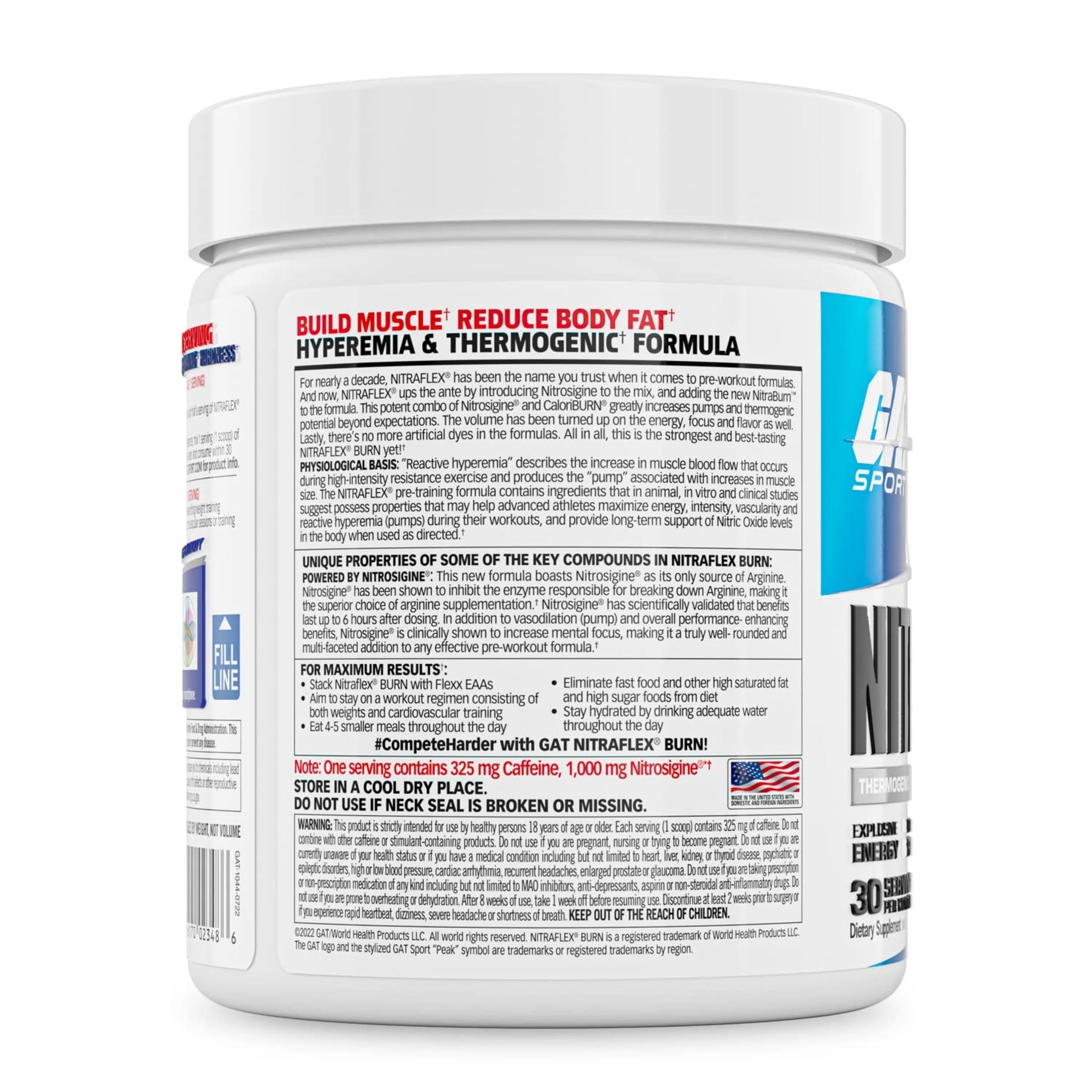 Label close-up highlights CaloriBurn and Nitrosigine ingredients.