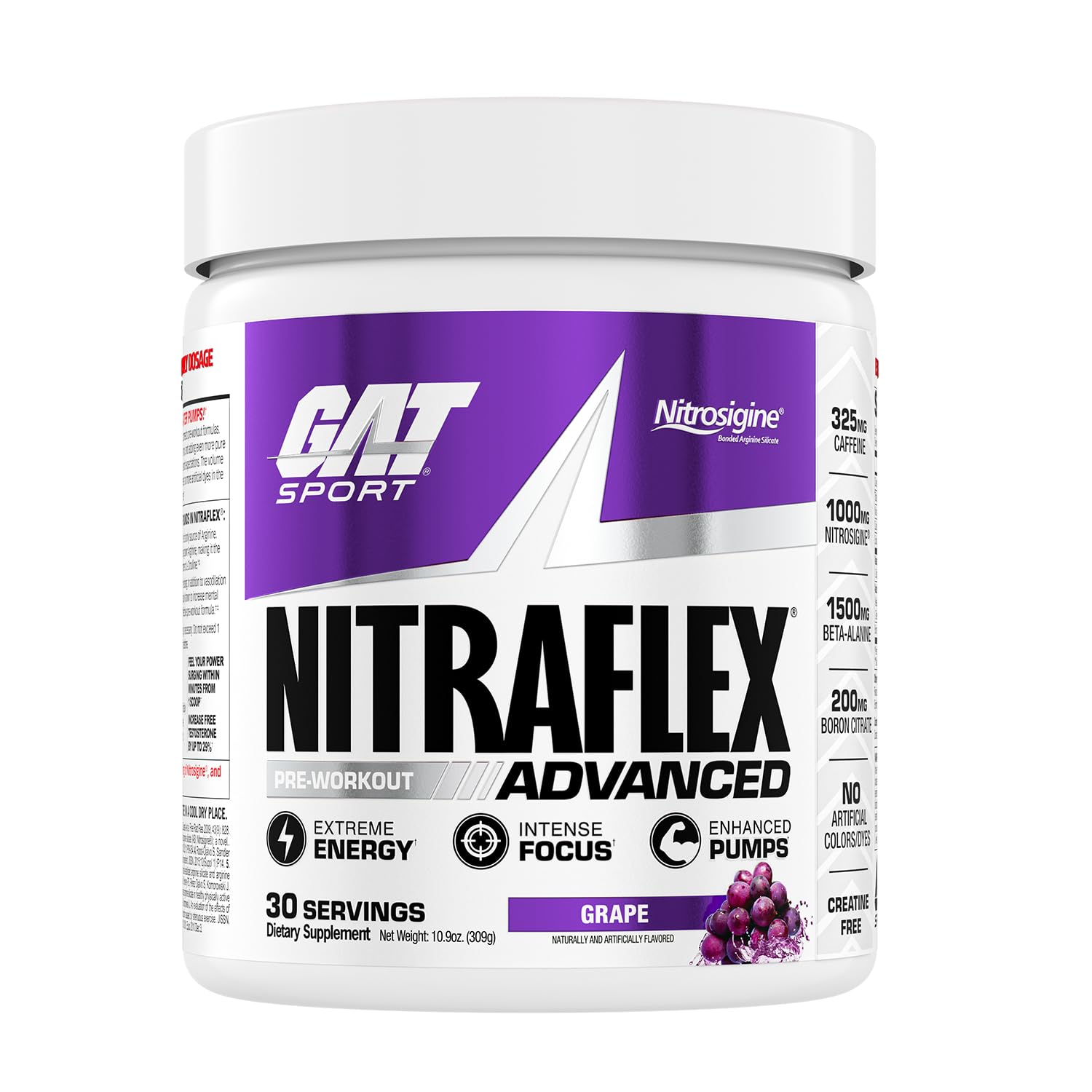 GAT SPORT Nitraflex grape powder jar with label for intense training and lasting pumps.