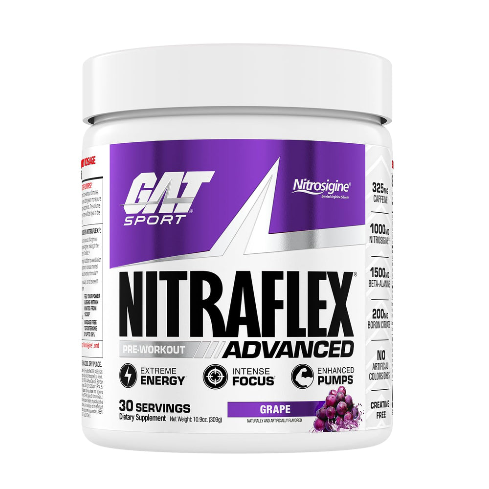 GAT SPORT Nitraflex grape powder jar with label for intense training and lasting pumps.