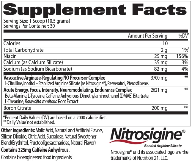 Nitraflex label closeup highlights Nitrosigine and Arginine synergy for a pump.