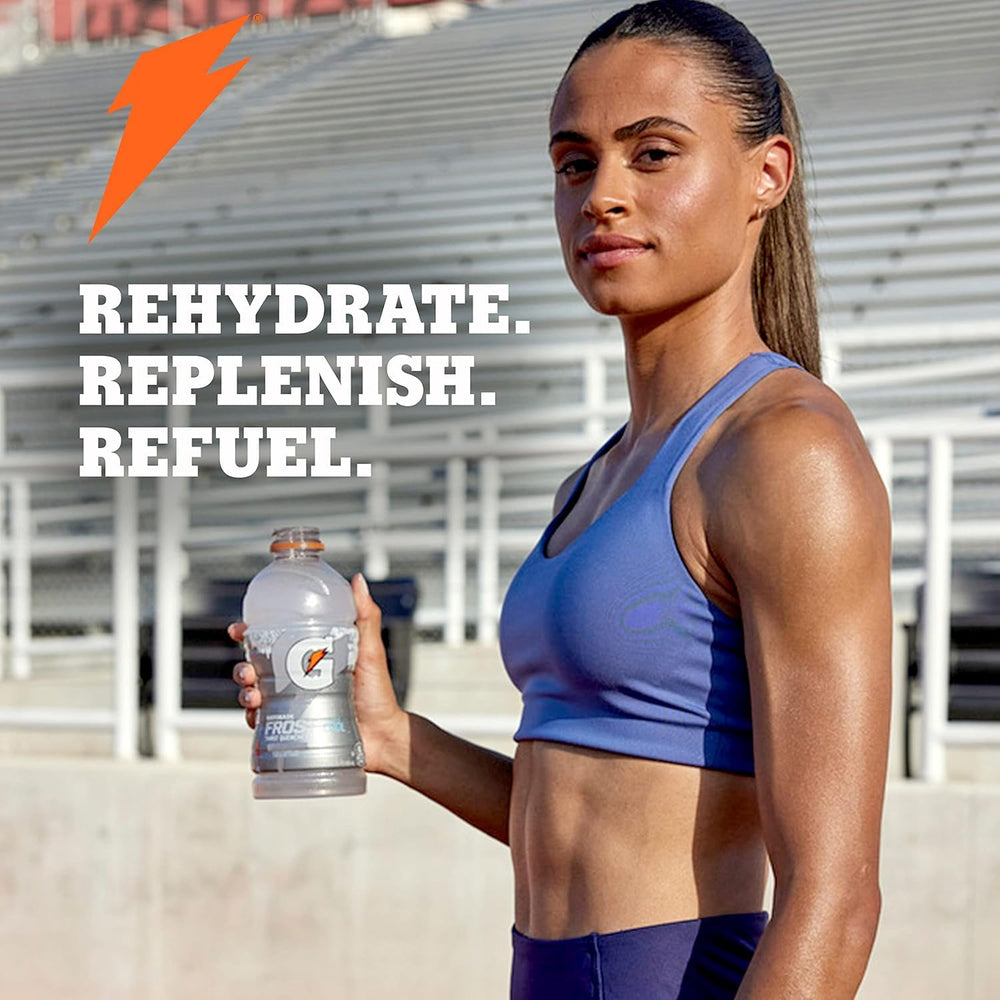 Gatorade bottle close-up nutrition label highlights electrolytes for sweat replacement