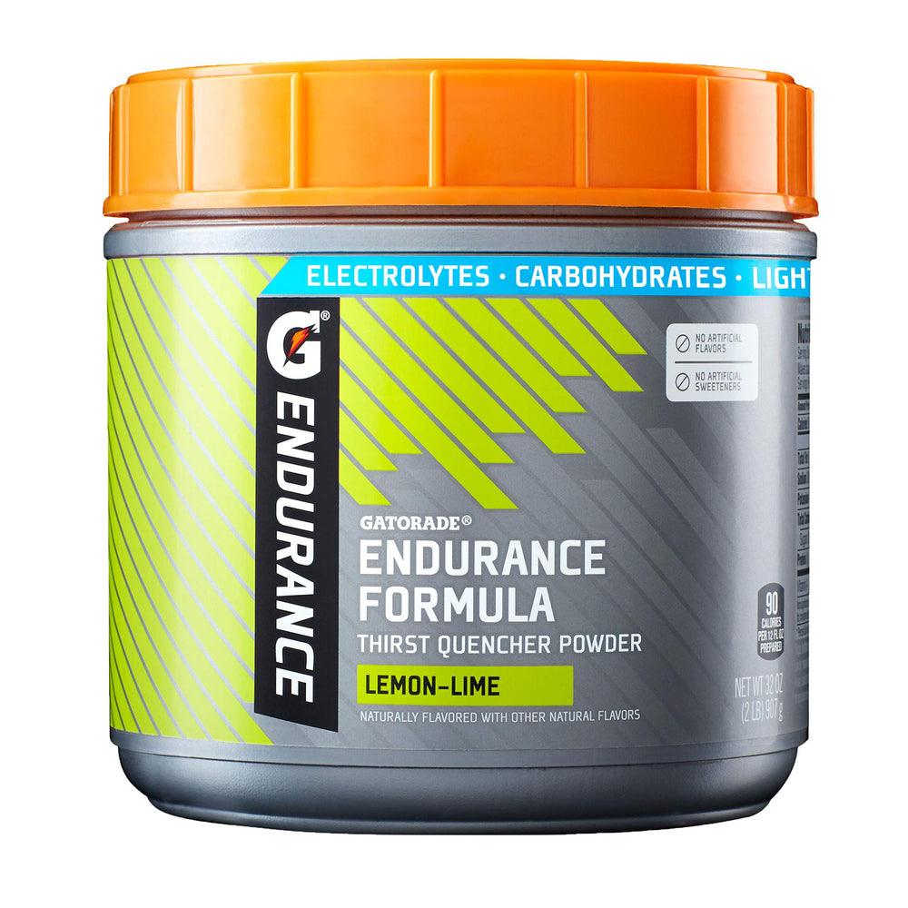 Gatorade Endurance Formula lemon lime powder being poured into water for electrolyte replenishment.