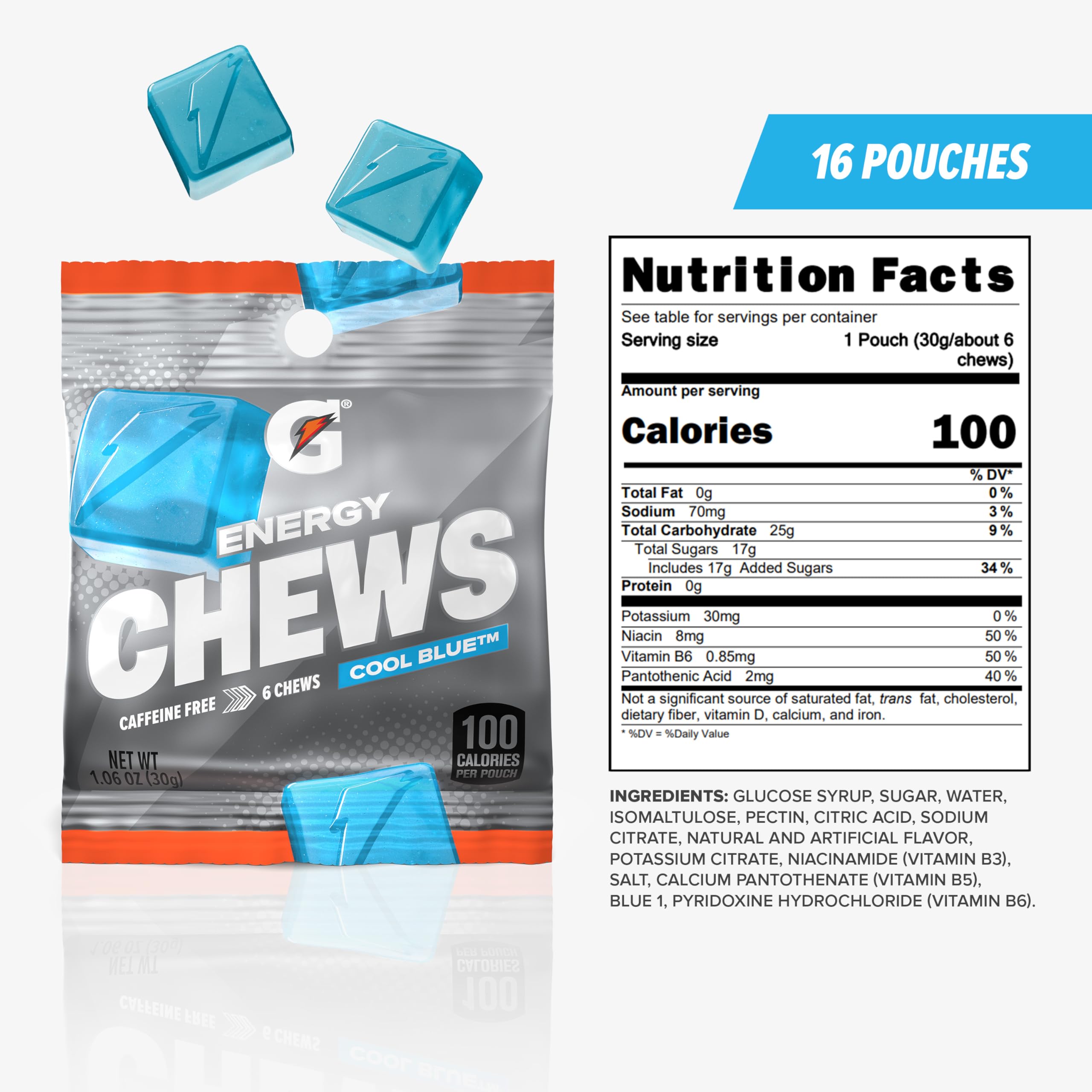 Close-up of Cool Blue chews showing caffeine-free energy options.