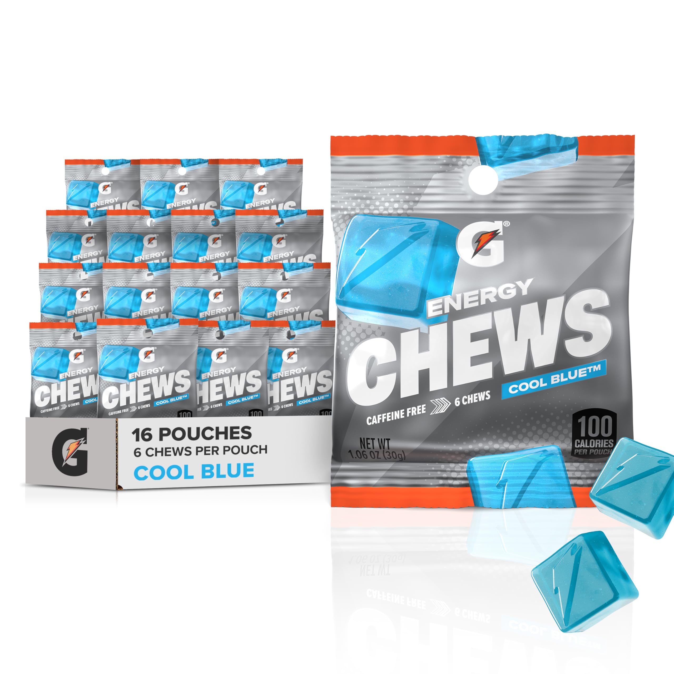 Gatorade Energy Chews Cool Blue pouch front for on-the-go hydration during workouts.