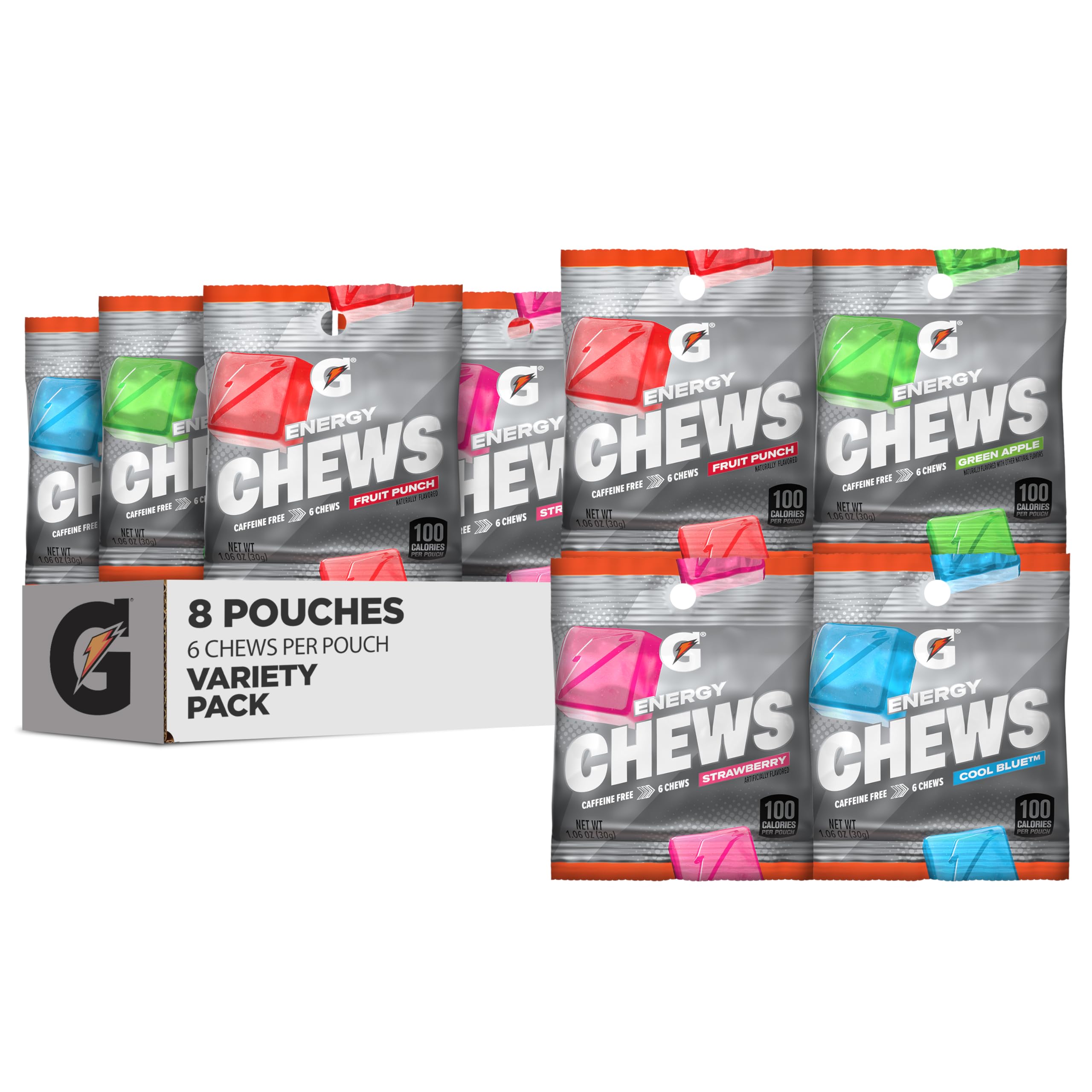 Gatorade Energy Chews variety pack front view showing all flavors for portable hydration on the go