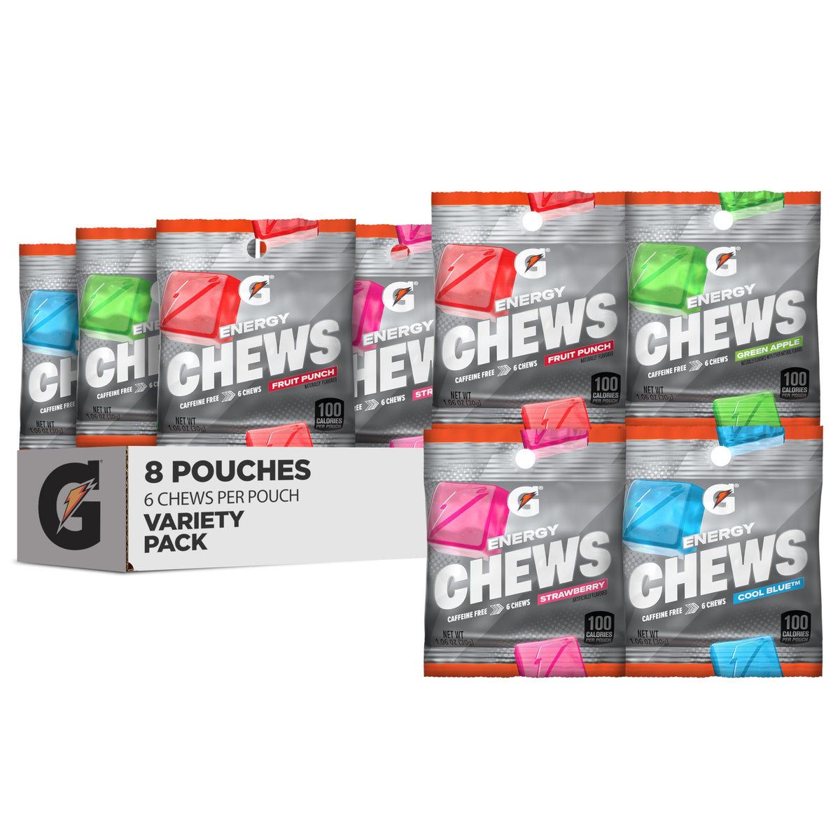 Gatorade Energy Chews variety pack front view showing all flavors for portable hydration on the go