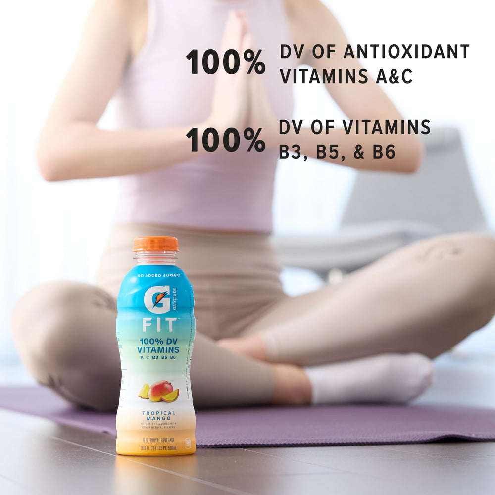 Gatorade Fit label close-up shows no added sugar and vitamins A & C