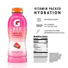 Closeup of Gatorade Fit Watermelon Strawberry bottle showing color and label.