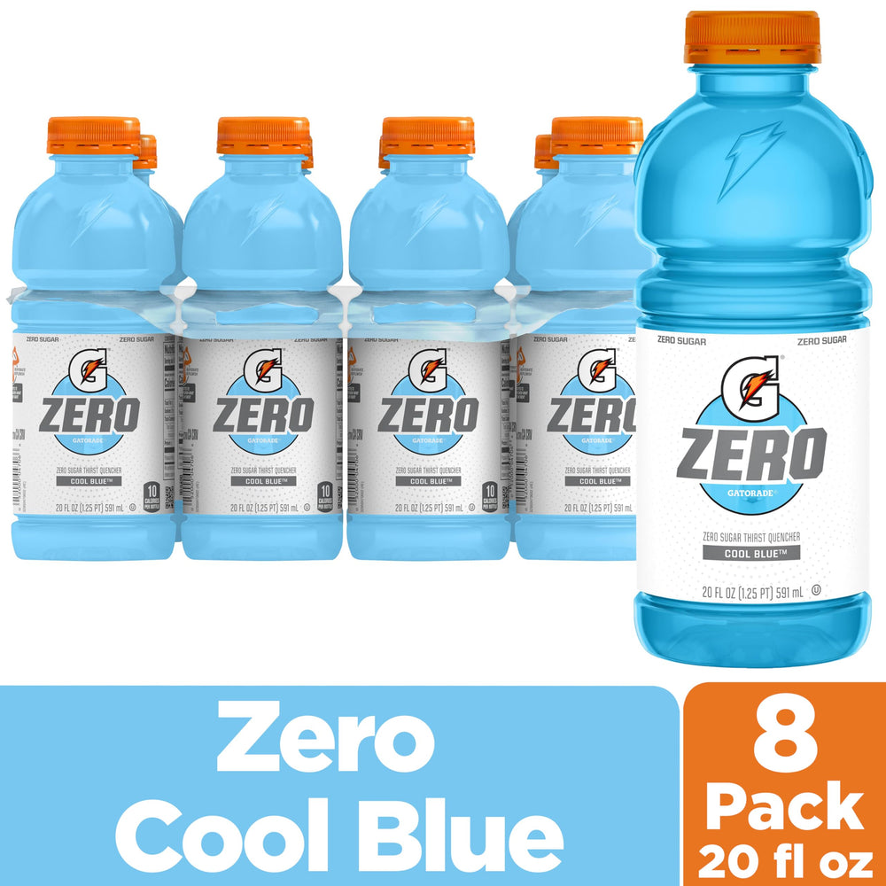 Gatorade G Zero Cool Blue pack shot with eight bottles