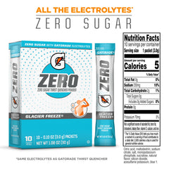 Gatorade G Zero Glacier Freeze packets ready to mix for zero sugar hydration.