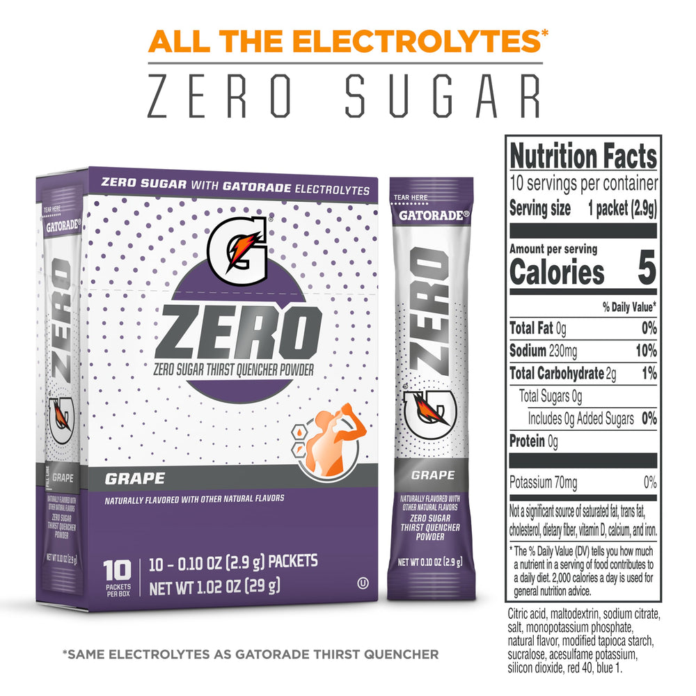 Gatorade G Zero Grape packets inside for single-serving hydration