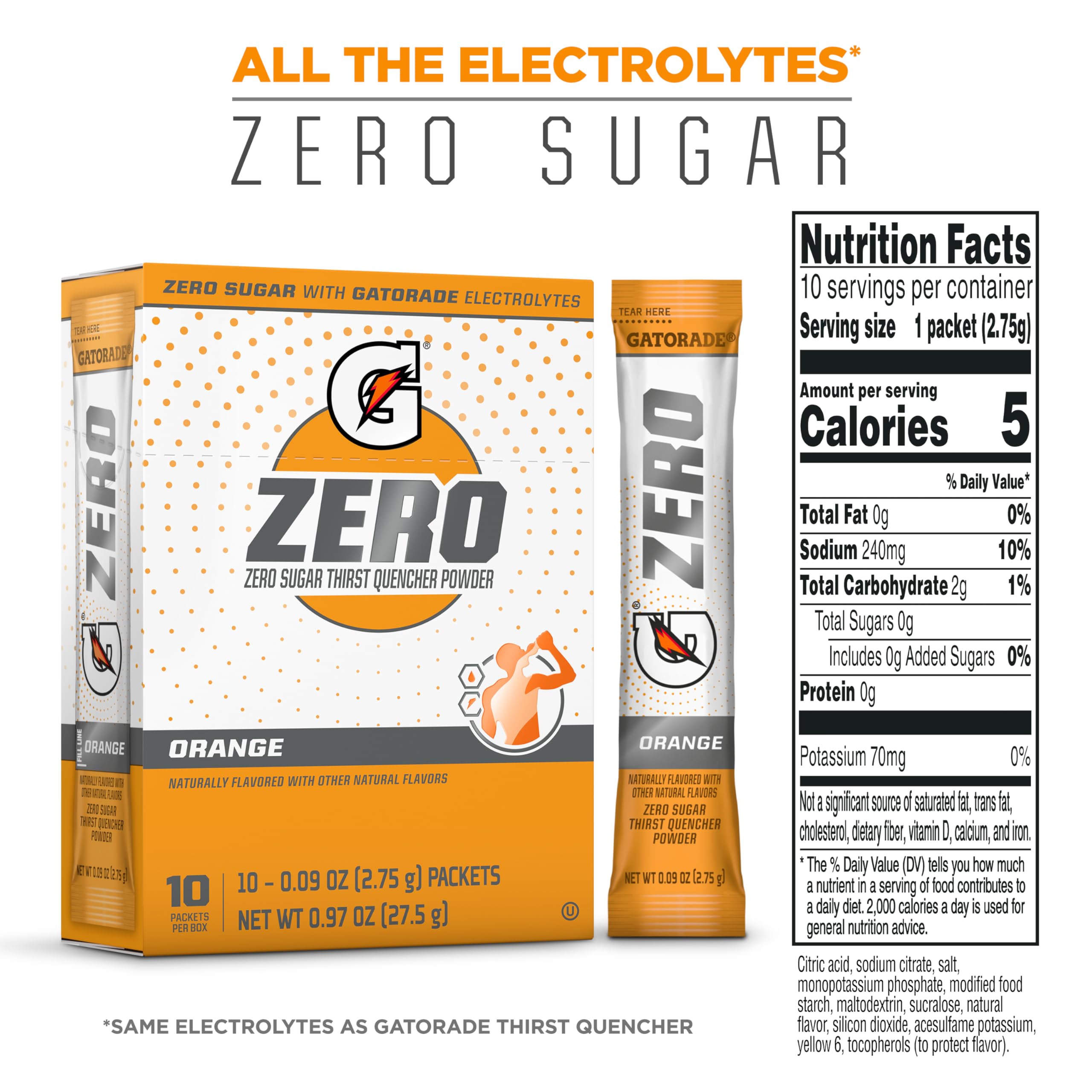 Gatorade G Zero orange packets inside box ready for electrolyte replacement.