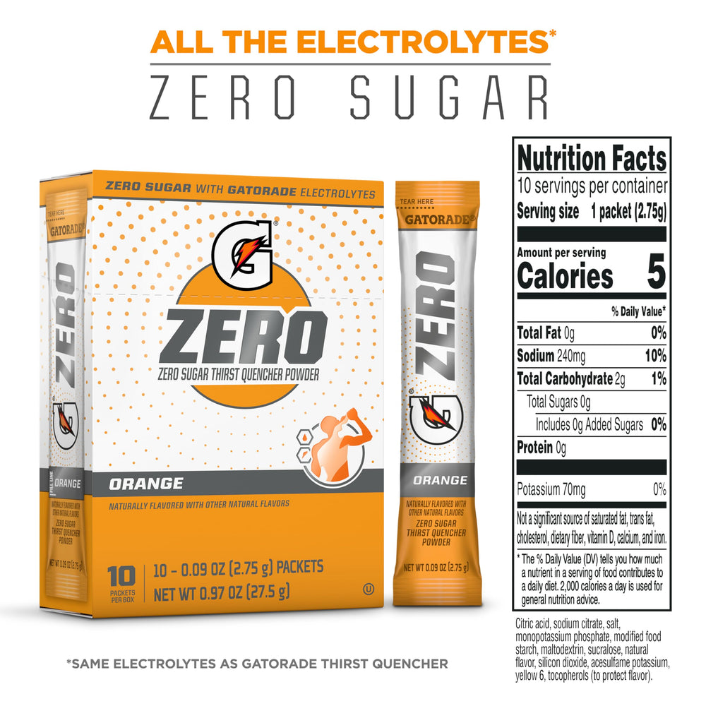 Gatorade G Zero orange packets inside box ready for electrolyte replacement.