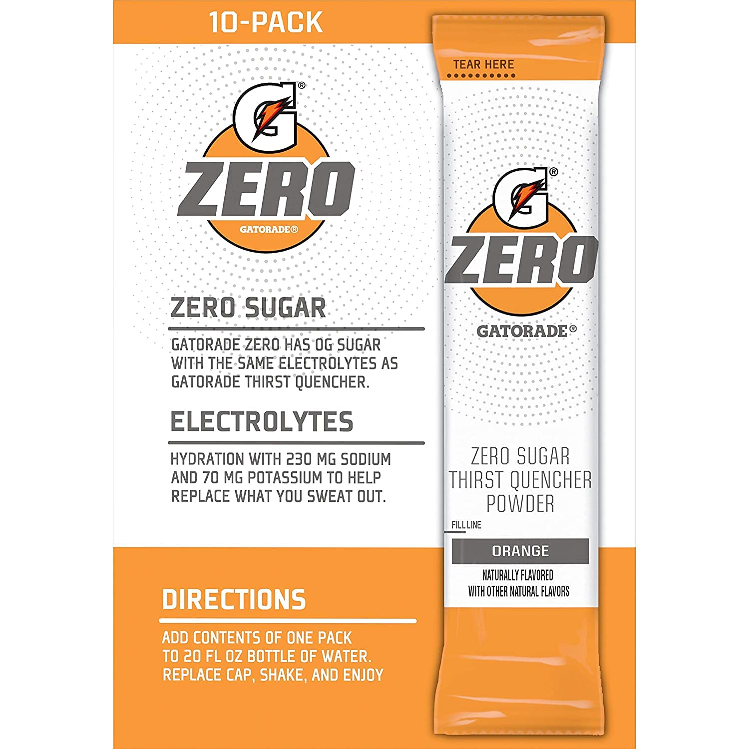 Gatorade G Zero orange powder packaging showing a 10-pack for on-the-go hydration.