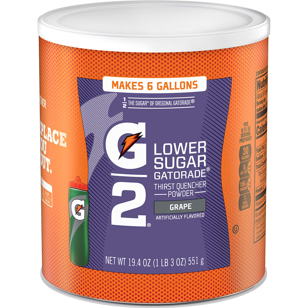 Gatorade G2 canisters ready to mix for on-the-go hydration and electrolyte balance.