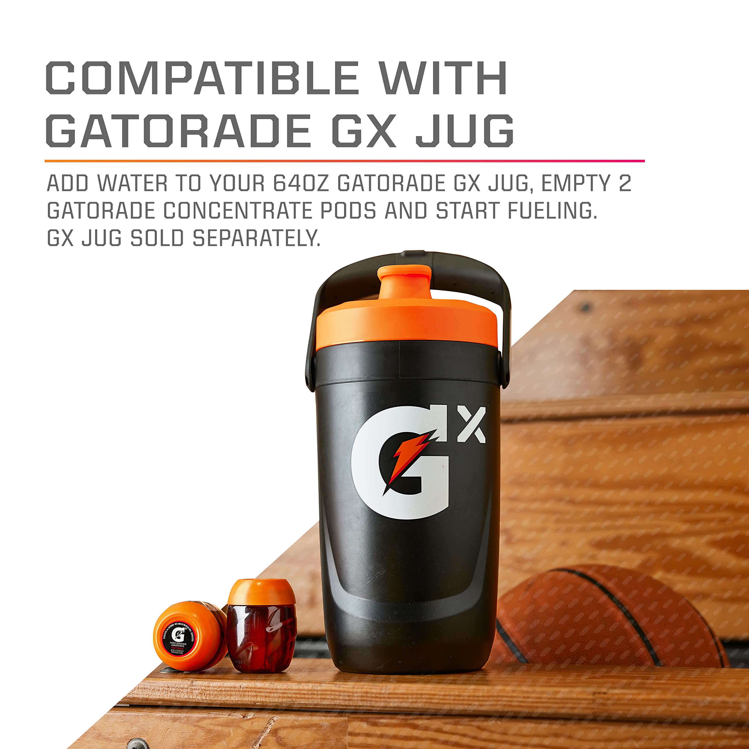 Gatorade Gx Pods Fruit Punch pour stream illustrating a 30 oz serving.