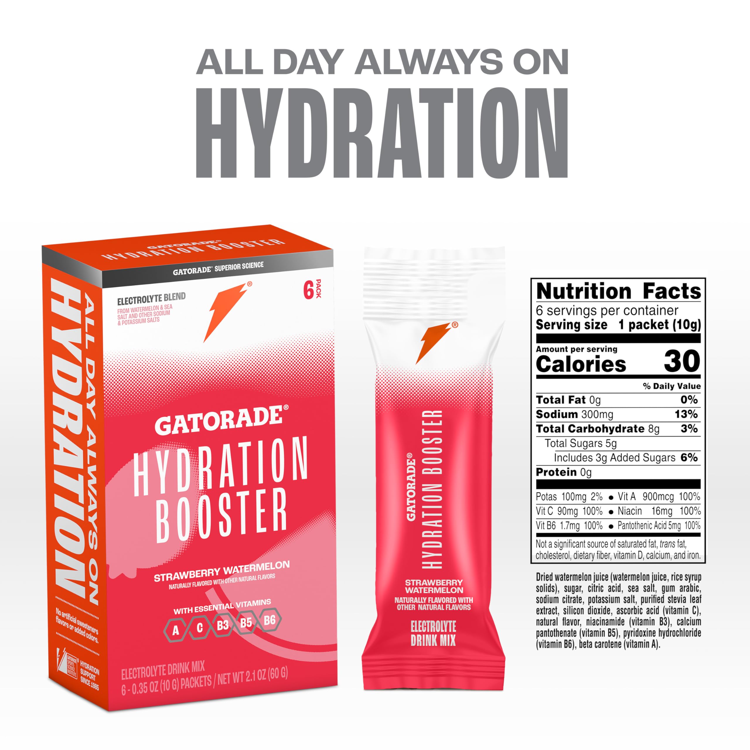 Six-pack display of Gatorade Hydration Booster packets in strawberry watermelon.