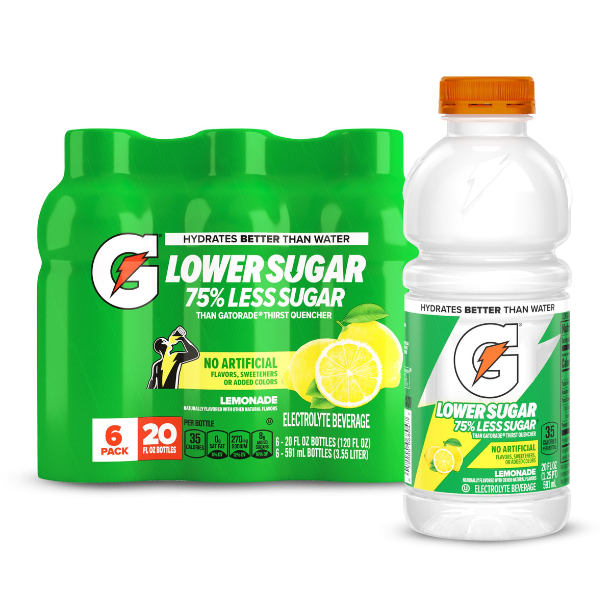 Gatorade Lower Sugar Lemonade bottle highlighted shows 75% less sugar and electrolyte blend.