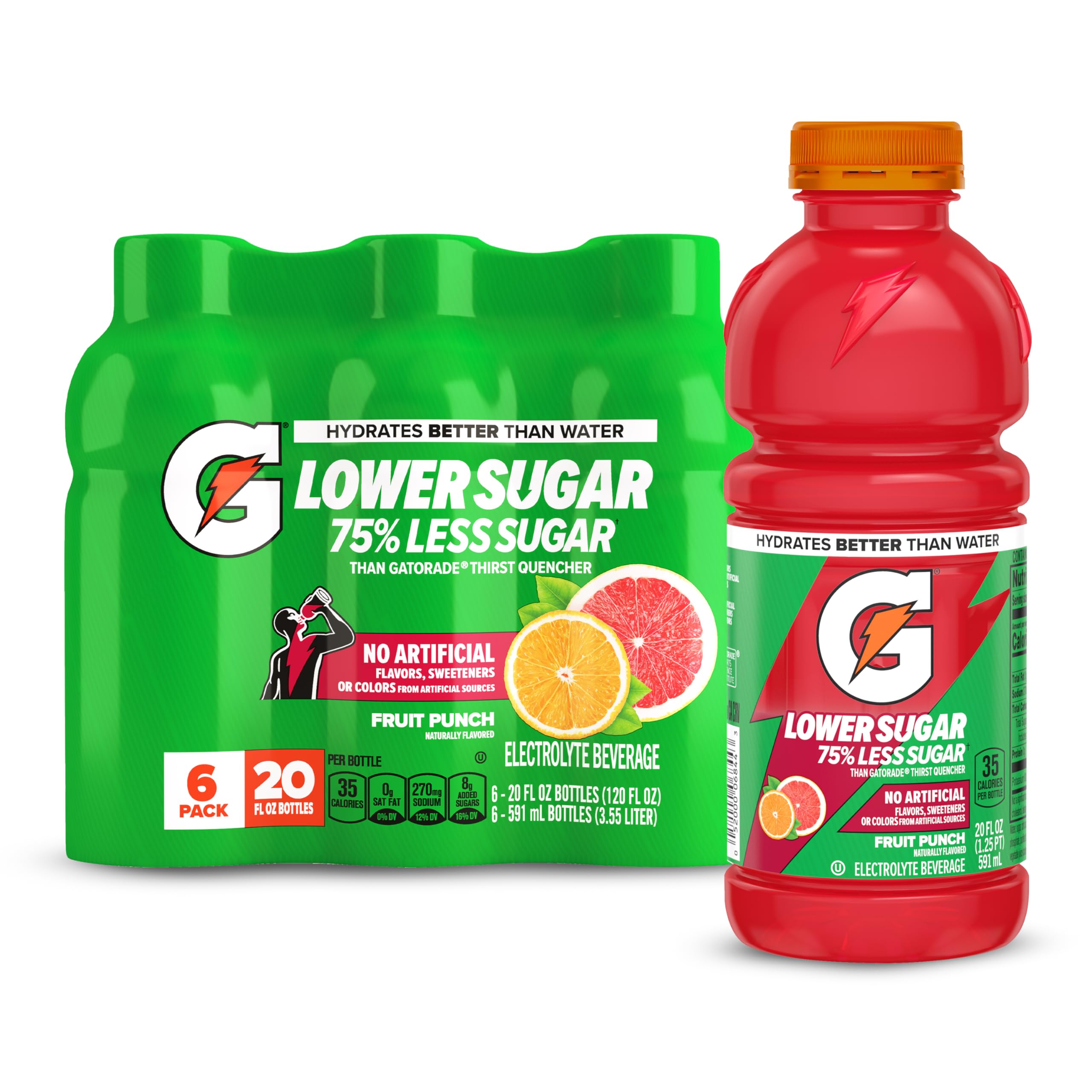 Gatorade Lower Sugar Fruit Punch bottle front with bold color and hydration cue