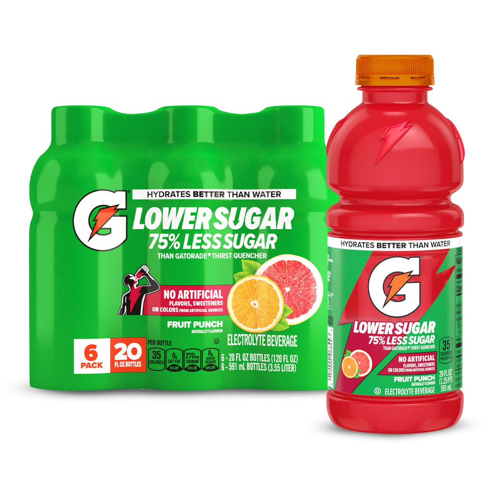 Gatorade Lower Sugar Fruit Punch bottle front with bold color and hydration cue
