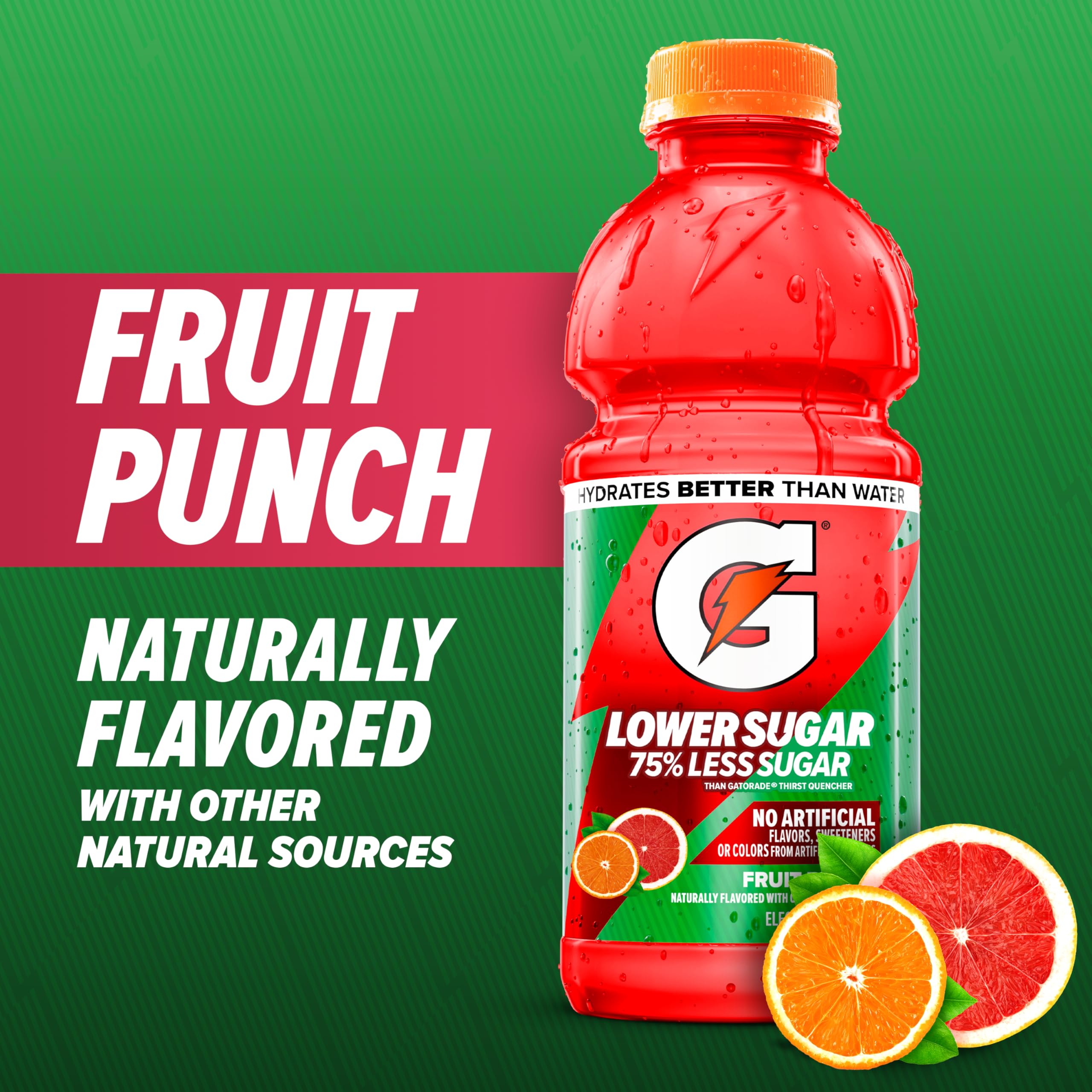 Gatorade Lower Sugar Fruit Punch six-pack display for easy hydration on the go