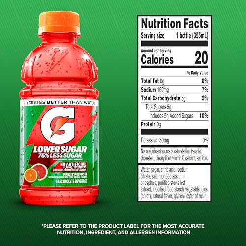 Gatorade Lower Sugar bottle being poured to highlight fruit punch flavor and electrolytes for workouts