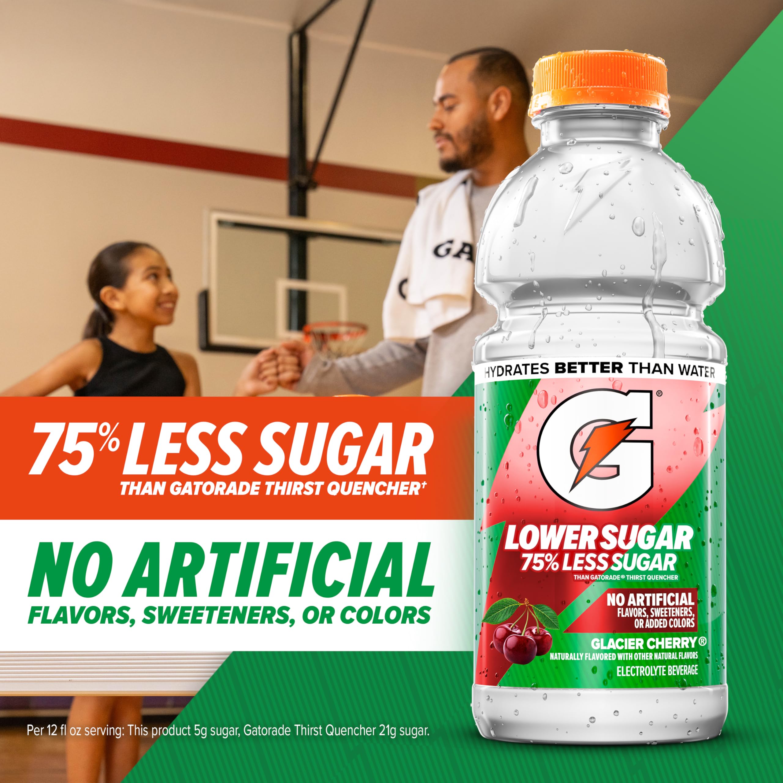 Gatorade Lower Sugar Lemonade label close-up, no artificial flavors or colors.