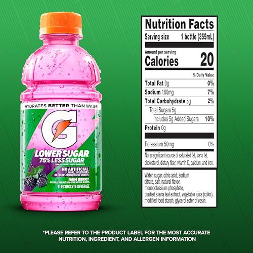 Gatorade Lower Sugar Rain Berry bottle back label shows no artificial flavors or colors