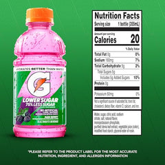 Gatorade Lower Sugar Rain Berry bottle back label shows no artificial flavors or colors