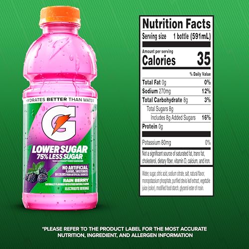 Gatorade Lower Sugar Rain Berry bottle close-up highlighting bold color and flavor.
