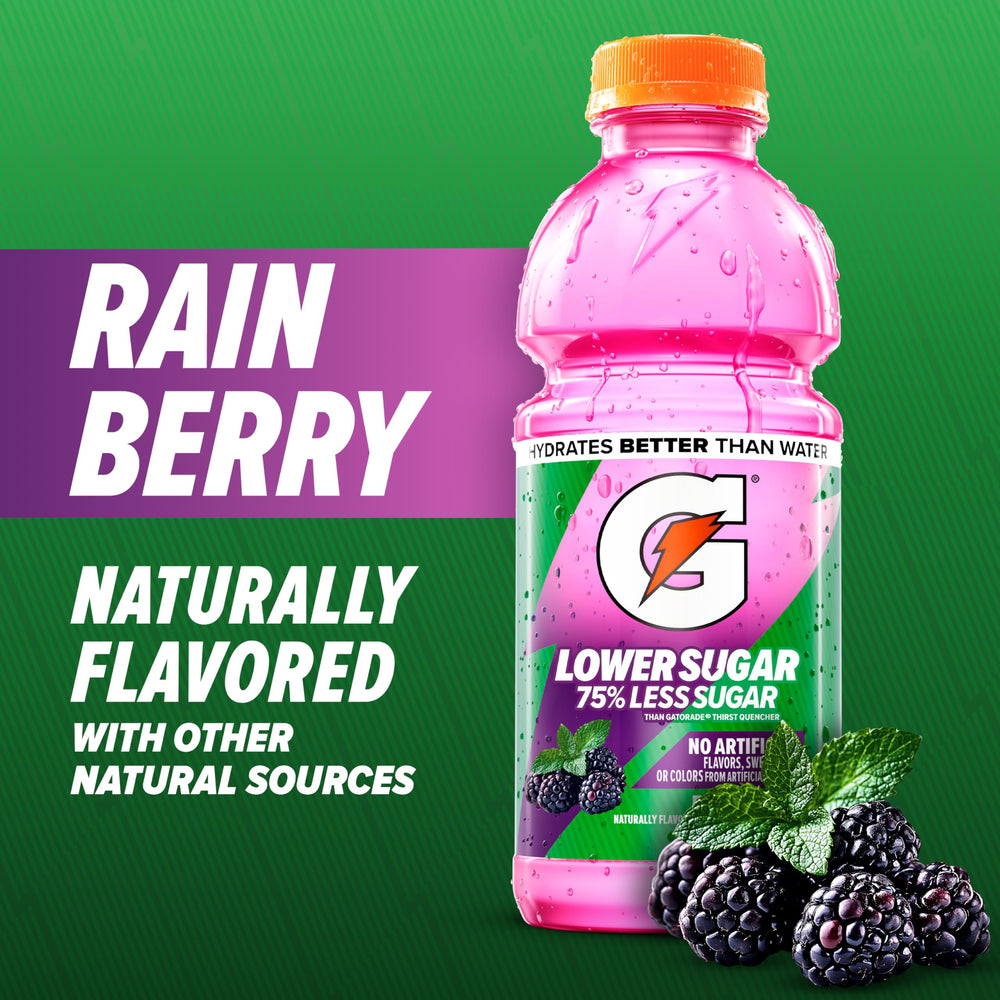 Gatorade Lower Sugar Rain Berry 12-pack on shelf, ideal for training days