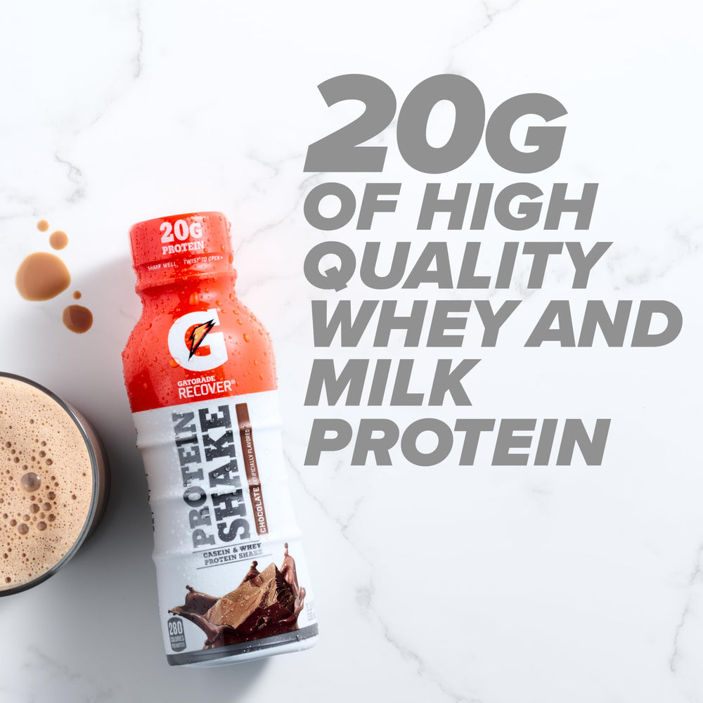 Gatorade Recover chocolate shake label with protein details and serving size