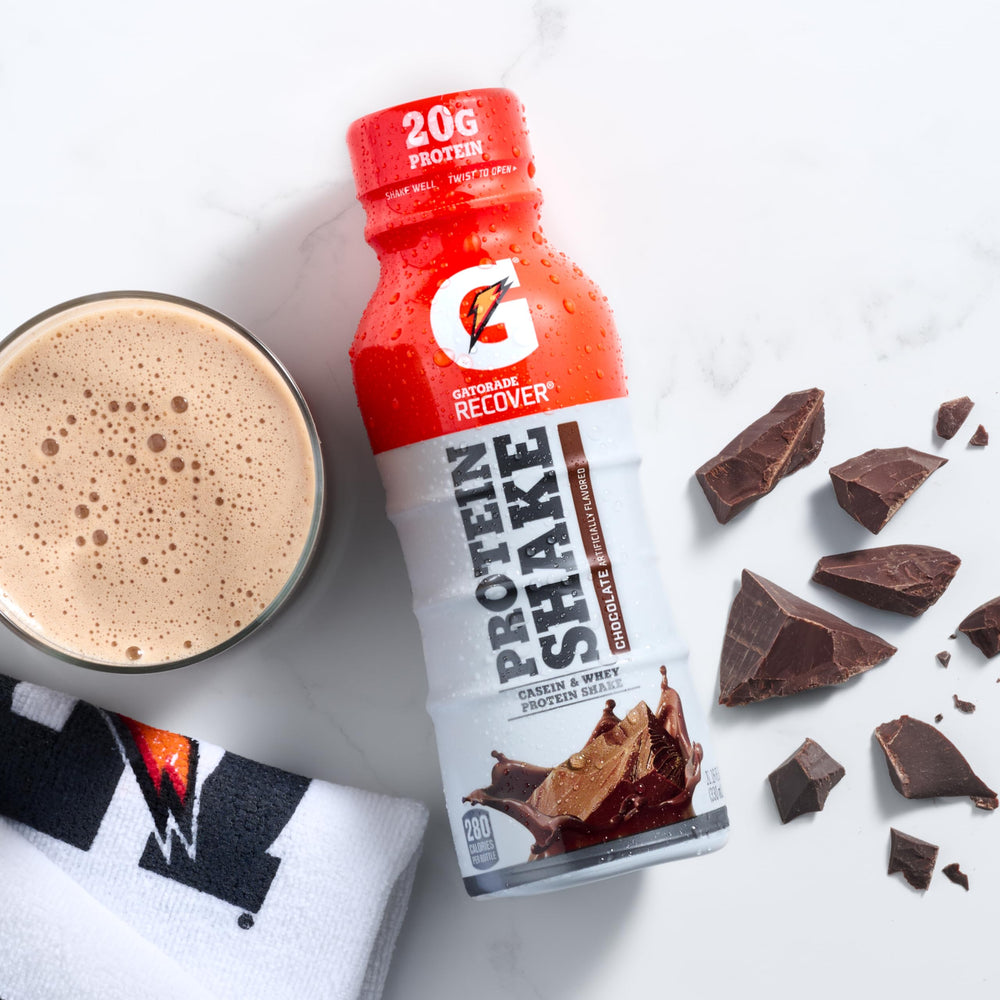 Gatorade Recover chocolate shake packaging highlighting 12-pack convenience