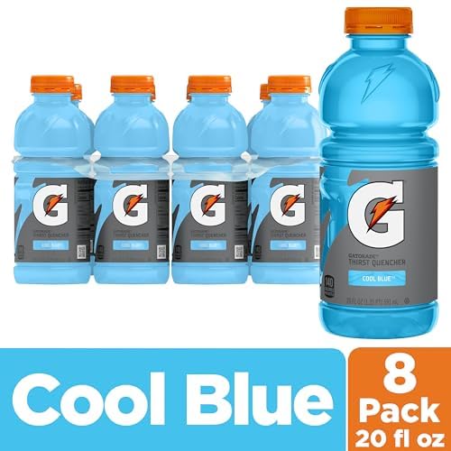 Gatorade Thirst Quencher Cool Blue 20 Fl Oz bottle pour action for refreshment.