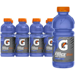 Gatorade Thirst Quencher Fierce Grape bottle on a gym bench, ready for hydration.