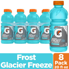 Pack of 8 Gatorade bottles on gym shelf for training sessions.