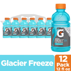 Gatorade Glacier Freeze 12-pack on shelf, ideal for family hydration.