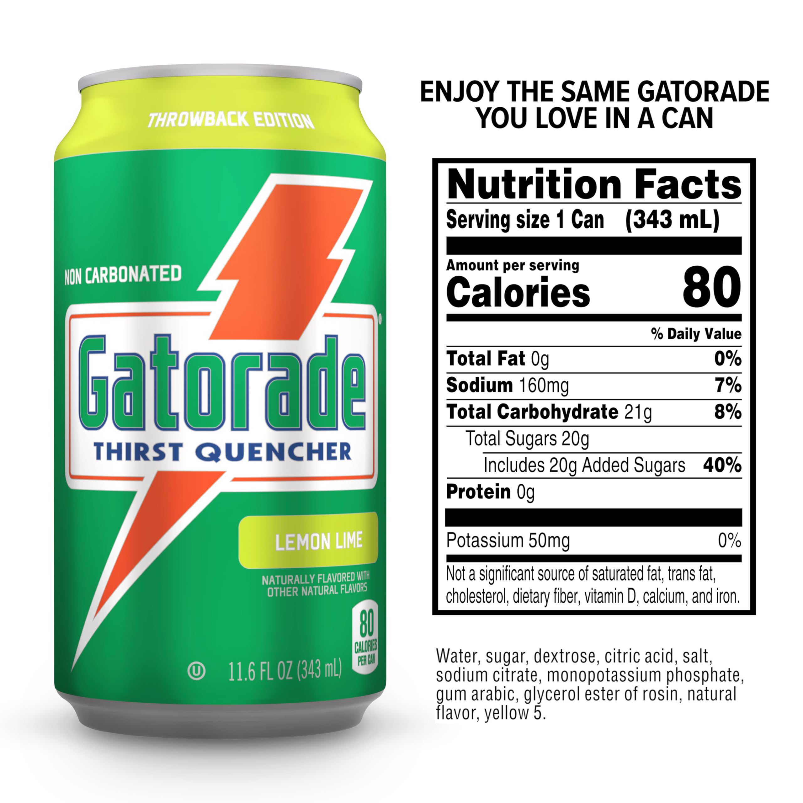 Gatorade Thirst Quencher Lemon-Lime nutrition panel highlights calories and electrolytes.