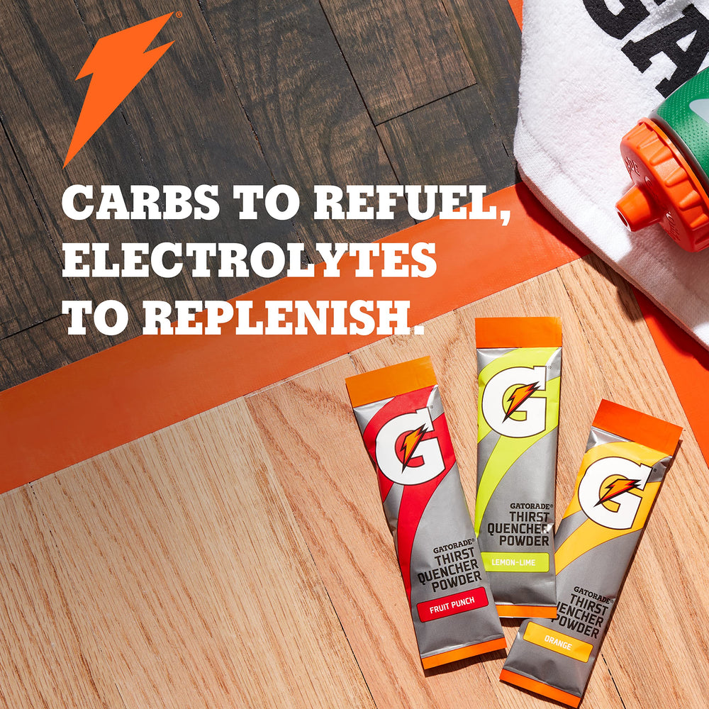 Gatorade Thirst Quencher lemon lime sticks with scoop support electrolyte replenishment after workouts.