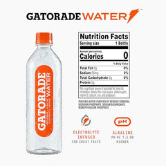 Gatorade Water unflavored 20oz bottle side angle highlights electrolytes and refreshing taste.