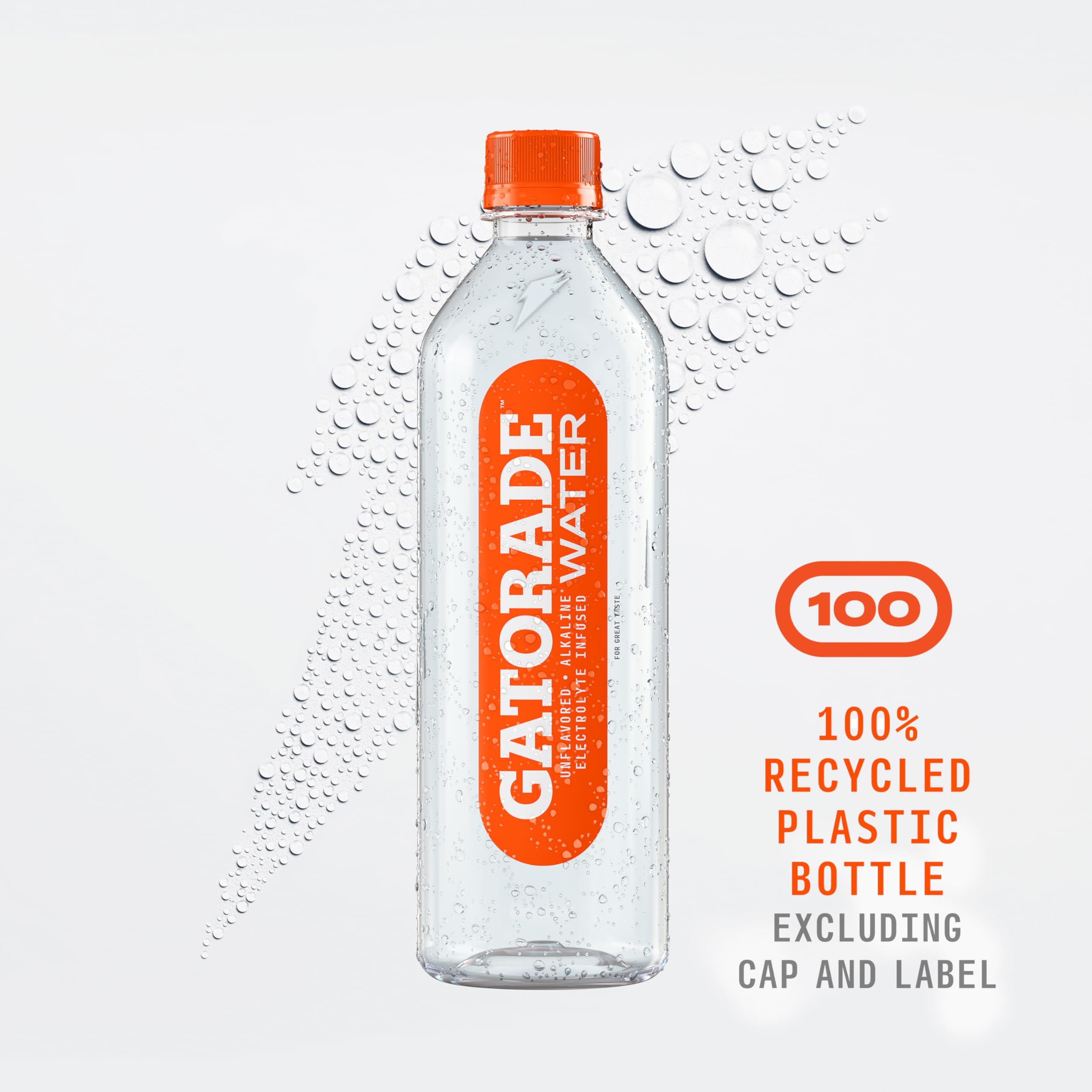 Gatorade Water unflavored recycled-plastic bottle emphasizes sustainability and responsible packaging.
