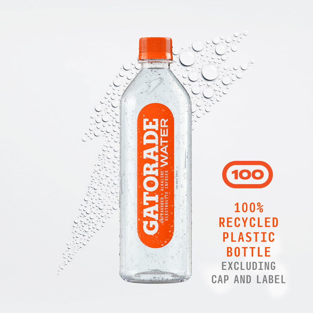 Gatorade Water unflavored recycled-plastic bottle emphasizes sustainability and responsible packaging.