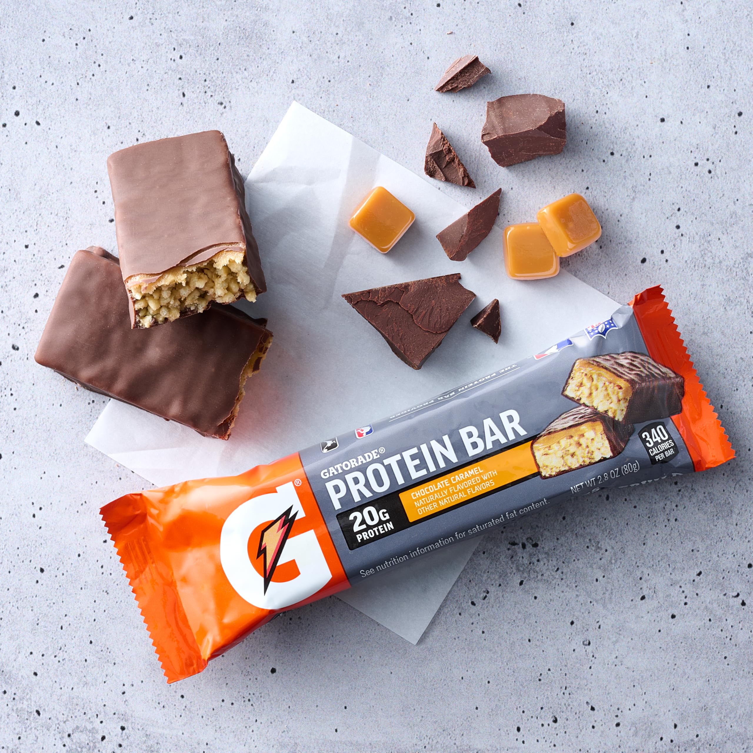 Gatorade Whey Bar Chocolate Caramel serving setup for quick post-workout fuel